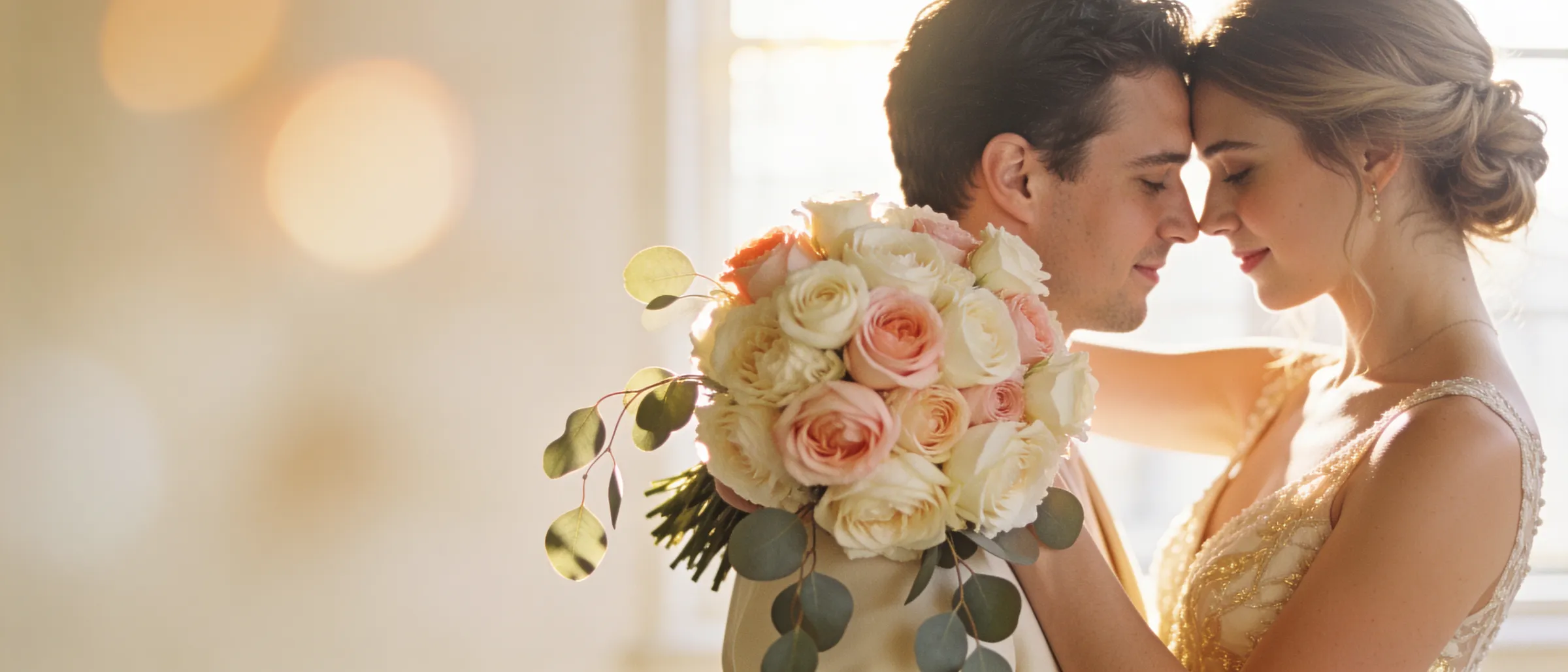 Pareja abrazada con un ramo de rosas en una celebración, a contraluz cálido